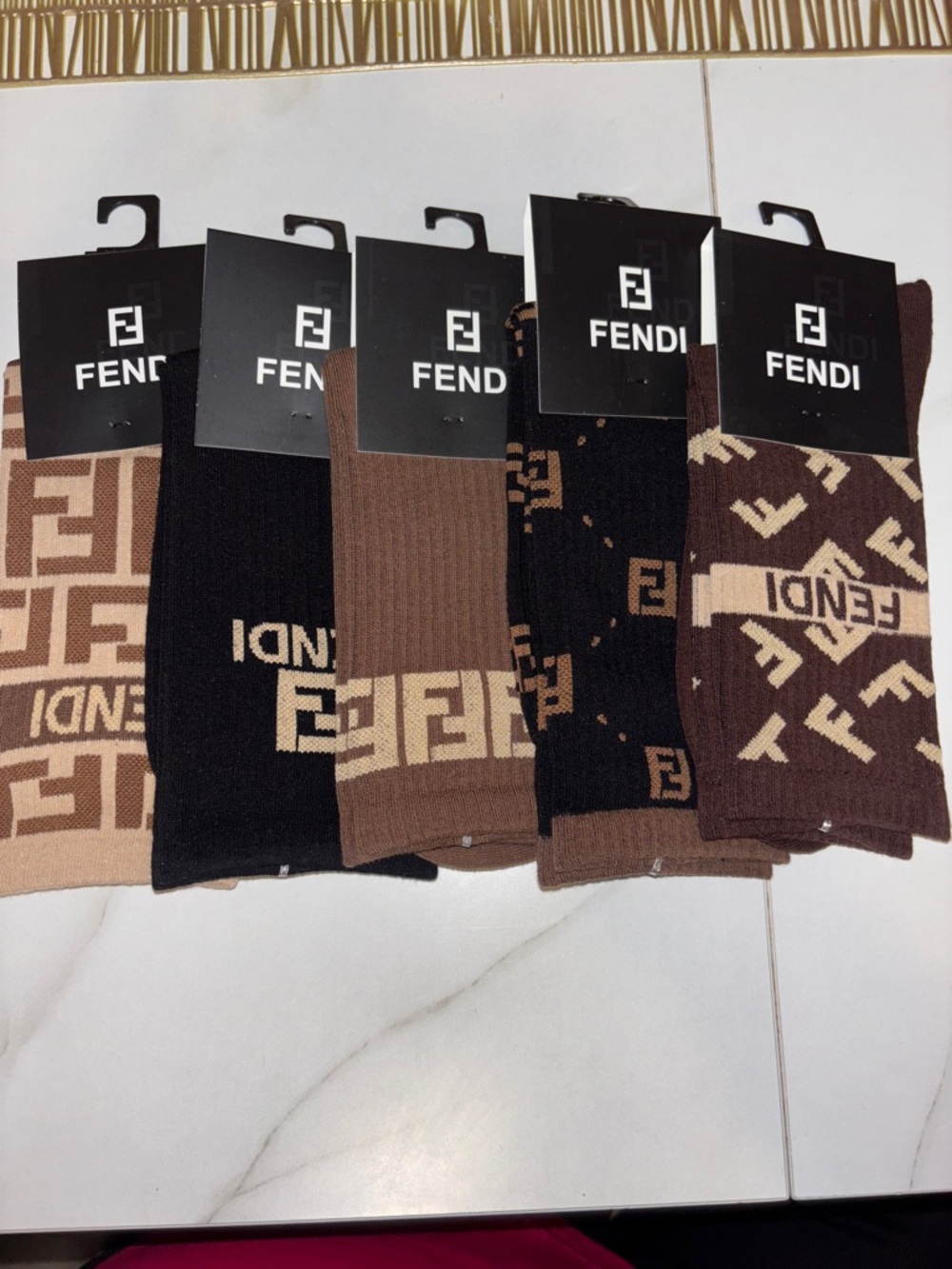 5 pairs Fendi Men’s Crew Socks - Brown, Black & Tan FF Monogram Assortment